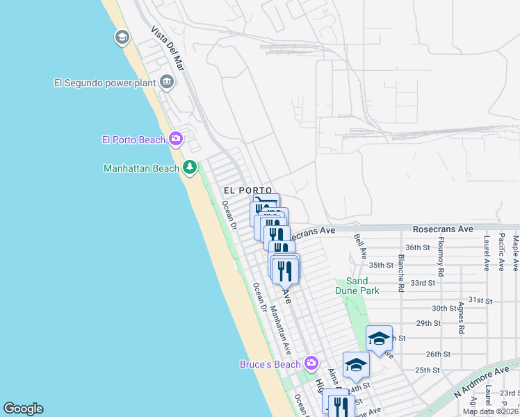 map of restaurants, bars, coffee shops, grocery stores, and more near 244 Kelp Street in Manhattan Beach
