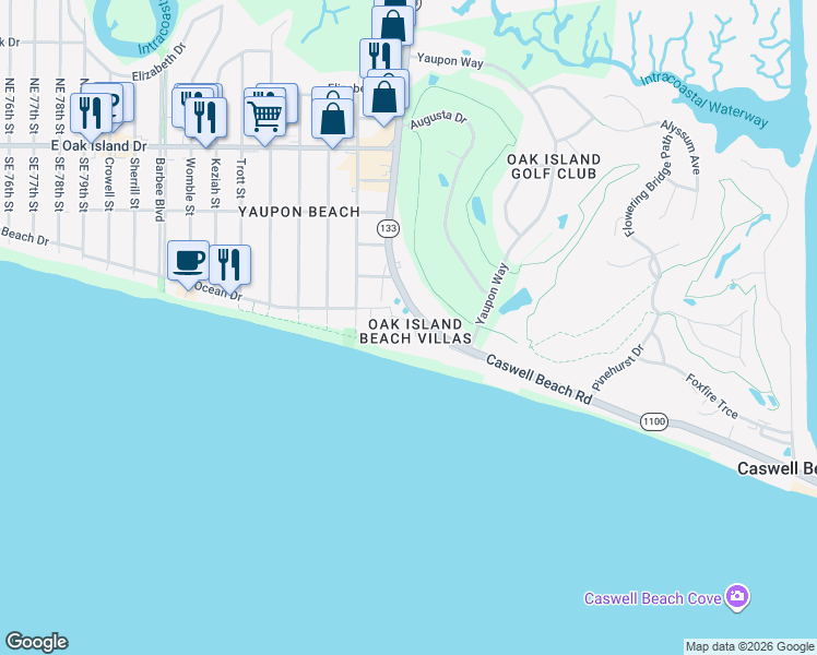 map of restaurants, bars, coffee shops, grocery stores, and more near 1000-1048 Caswell Beach Road in Oak Island