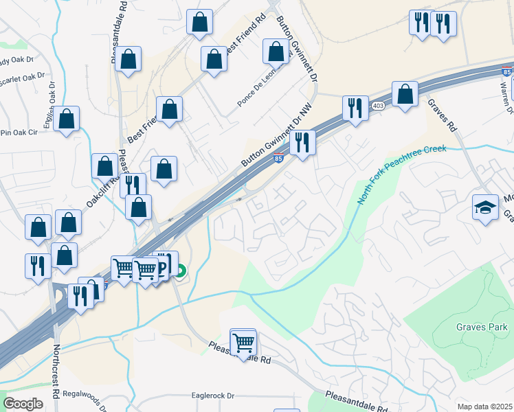 map of restaurants, bars, coffee shops, grocery stores, and more near 226 Parkway Circle South in Atlanta
