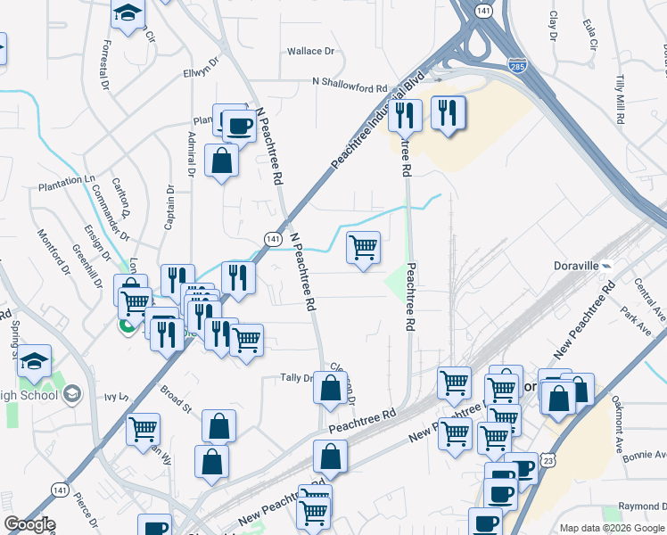 map of restaurants, bars, coffee shops, grocery stores, and more near 2316 Clyde Drive in Chamblee