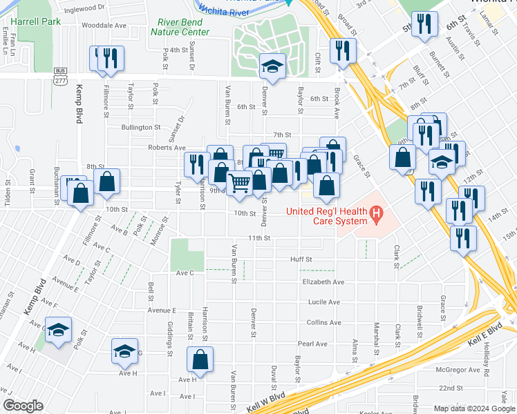 map of restaurants, bars, coffee shops, grocery stores, and more near 901-999 Denver Street in Wichita Falls