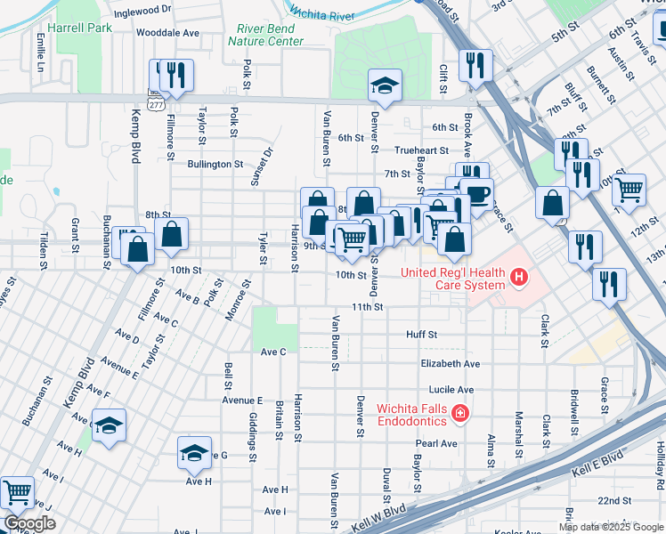 map of restaurants, bars, coffee shops, grocery stores, and more near 1916 10th St in Wichita Falls