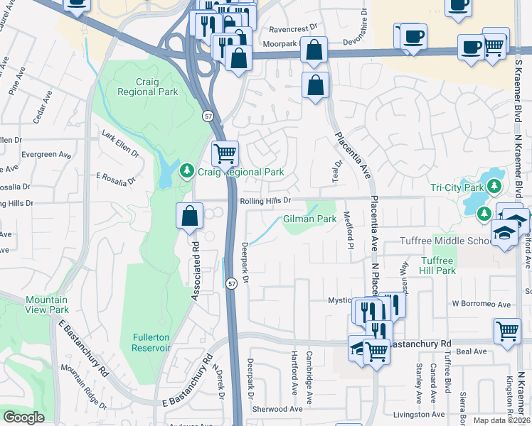map of restaurants, bars, coffee shops, grocery stores, and more near 2730 Hartford Avenue in Fullerton