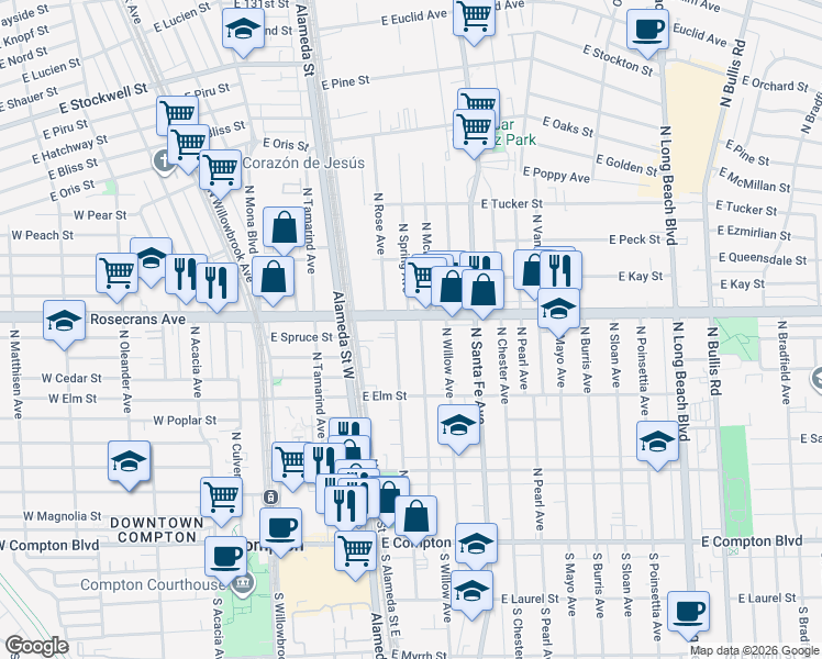 map of restaurants, bars, coffee shops, grocery stores, and more near 1005 North Rose Avenue in Compton
