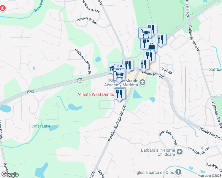 map of restaurants, bars, coffee shops, grocery stores, and more near 2033 MacLand Square Drive in Marietta