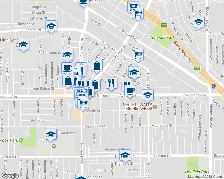 map of restaurants, bars, coffee shops, grocery stores, and more near 12020 Orange Street in Norwalk