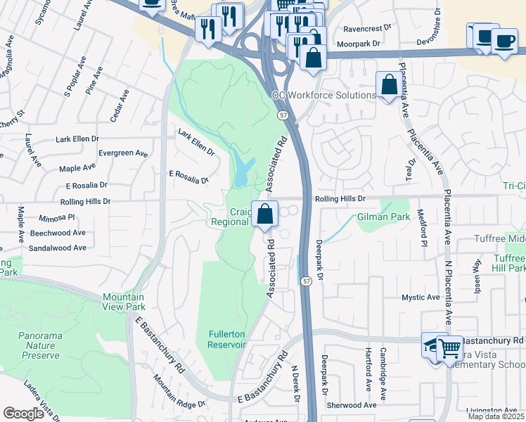 map of restaurants, bars, coffee shops, grocery stores, and more near 2525 North Brea Boulevard in Fullerton
