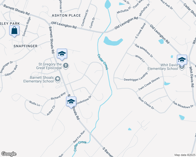 map of restaurants, bars, coffee shops, grocery stores, and more near 400 Brookstone Dr in Athens