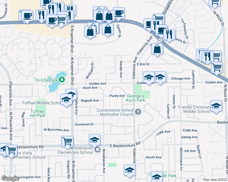 map of restaurants, bars, coffee shops, grocery stores, and more near 424 Kiolstad Drive in Placentia