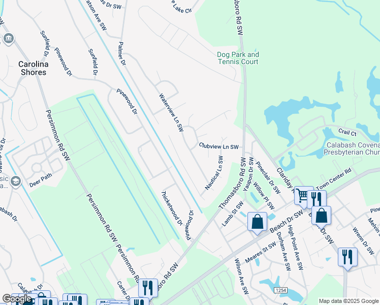 map of restaurants, bars, coffee shops, grocery stores, and more near 1078 Waterview Lane Southwest in Calabash