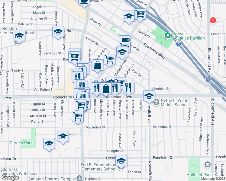 map of restaurants, bars, coffee shops, grocery stores, and more near 12020 Orange Street in Norwalk