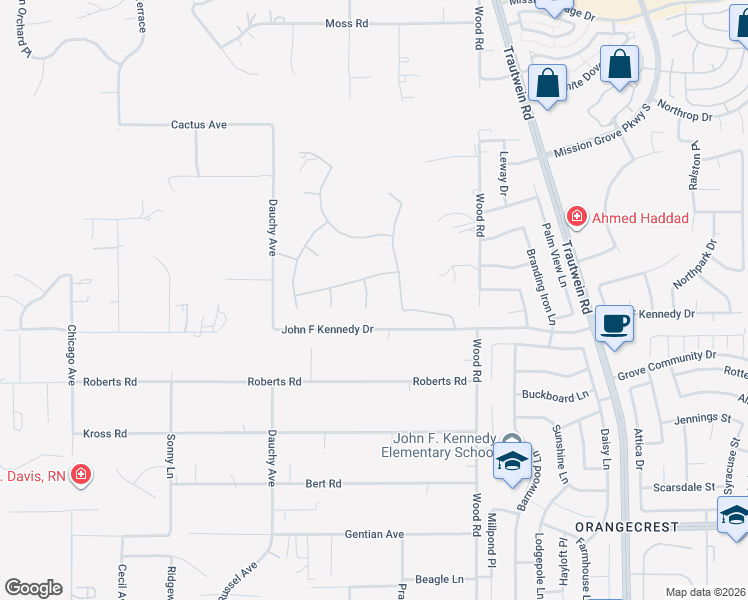 map of restaurants, bars, coffee shops, grocery stores, and more near 8075 Terraza Court in Riverside