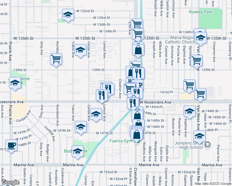 map of restaurants, bars, coffee shops, grocery stores, and more near 14115 Chadron Avenue in Hawthorne