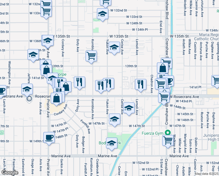 map of restaurants, bars, coffee shops, grocery stores, and more near 14116 Yukon Avenue in Hawthorne