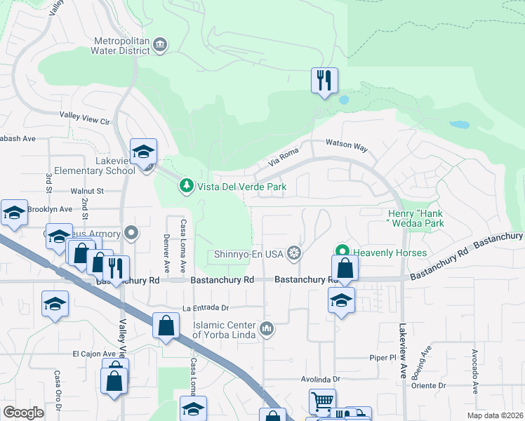 map of restaurants, bars, coffee shops, grocery stores, and more near 18001 Catalina Court in Yorba Linda