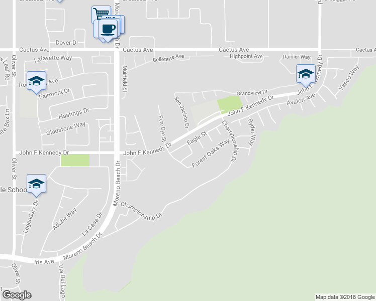 map of restaurants, bars, coffee shops, grocery stores, and more near 28398 Birdie Street in Moreno Valley