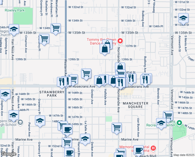 map of restaurants, bars, coffee shops, grocery stores, and more near 14112 Kingsley Drive in Gardena