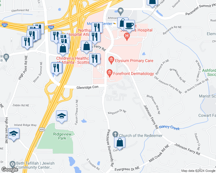 map of restaurants, bars, coffee shops, grocery stores, and more near 5412 Glenridge Cove Northeast in Atlanta