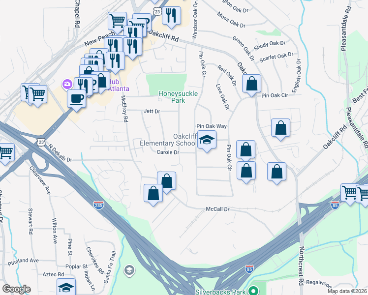 map of restaurants, bars, coffee shops, grocery stores, and more near 3785 Maryland Dr in Doraville