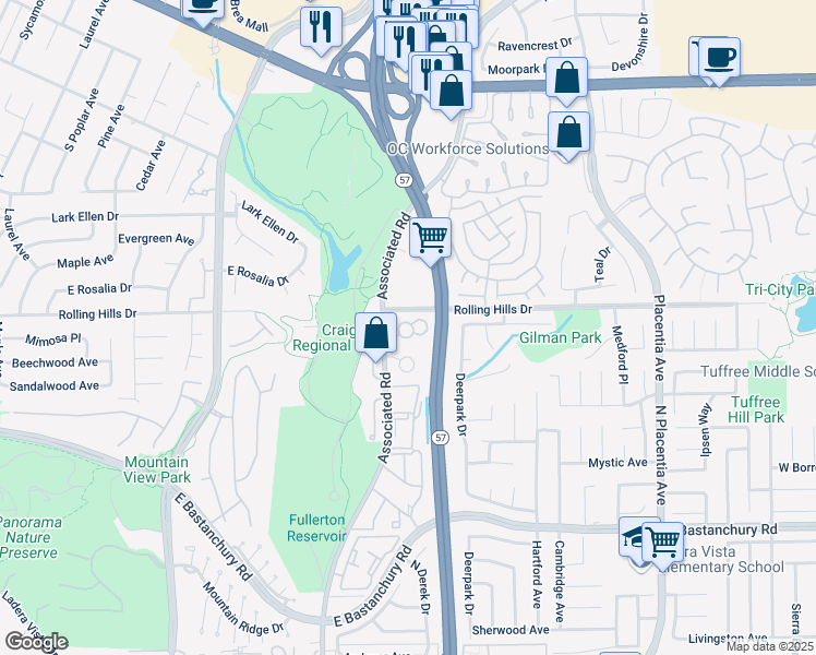 map of restaurants, bars, coffee shops, grocery stores, and more near 2782 Pine Creek Circle in Fullerton