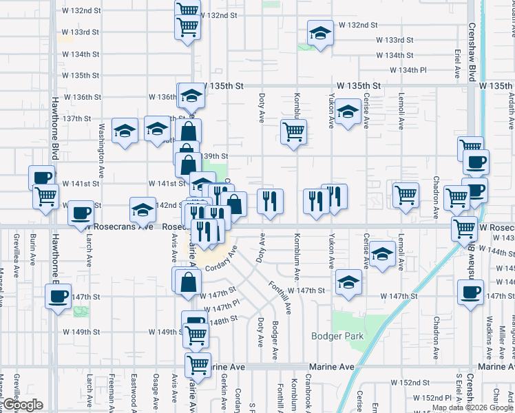 map of restaurants, bars, coffee shops, grocery stores, and more near 14119 Doty Avenue in Hawthorne