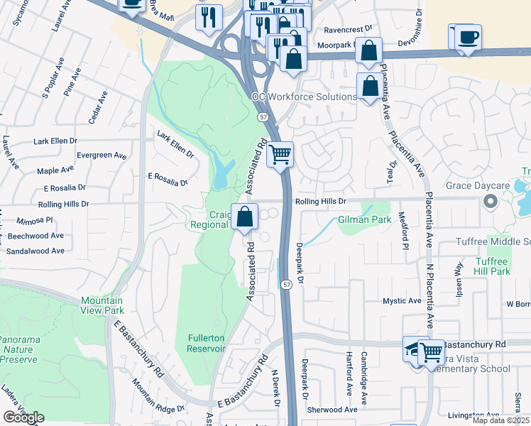 map of restaurants, bars, coffee shops, grocery stores, and more near 2789 Pine Creek Circle in Fullerton
