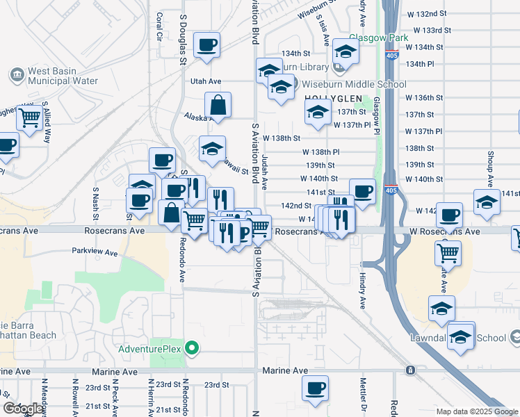 map of restaurants, bars, coffee shops, grocery stores, and more near 5554 West 142nd Place in Hawthorne