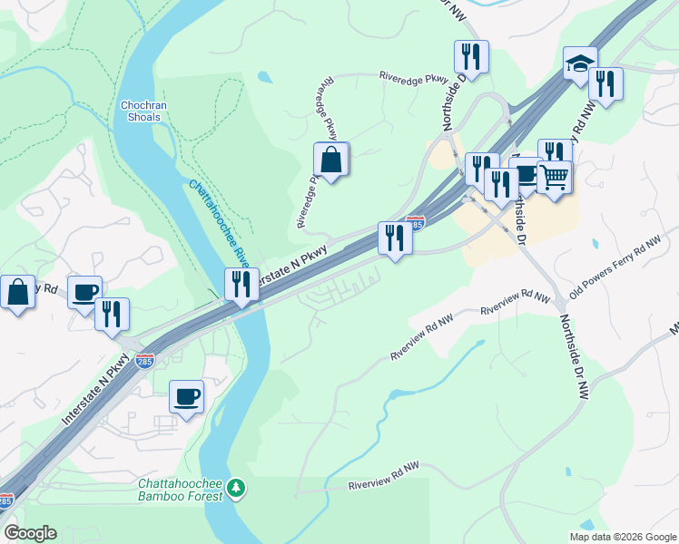 map of restaurants, bars, coffee shops, grocery stores, and more near 6640 Powers Ferry Road Northwest in Sandy Springs