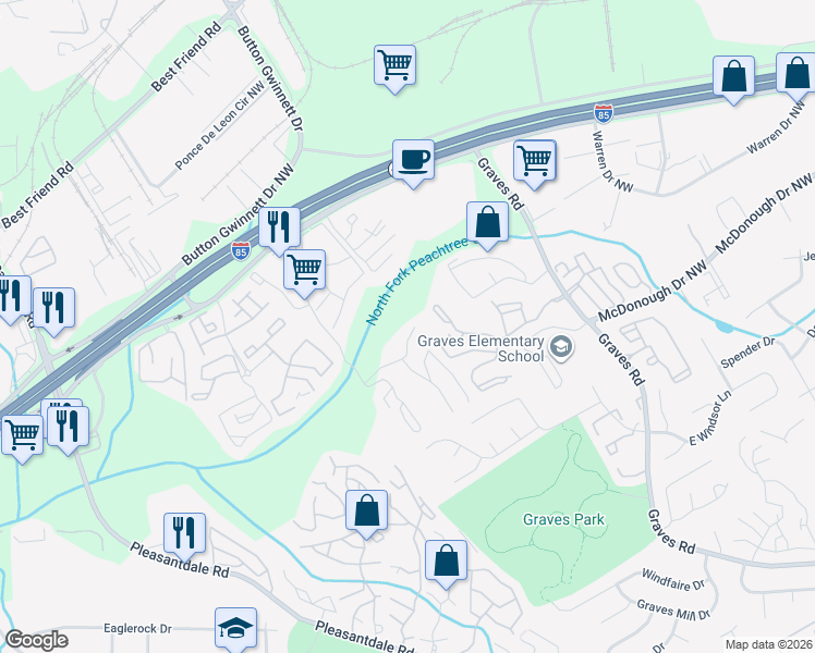map of restaurants, bars, coffee shops, grocery stores, and more near 245 Seasons Parkway in Norcross