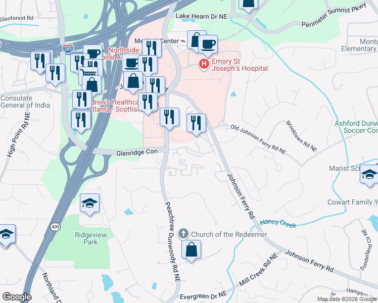 map of restaurants, bars, coffee shops, grocery stores, and more near 1123 Glenridge Place Northeast in Atlanta