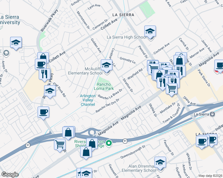 map of restaurants, bars, coffee shops, grocery stores, and more near 11343 Rancho Loma Drive in Riverside