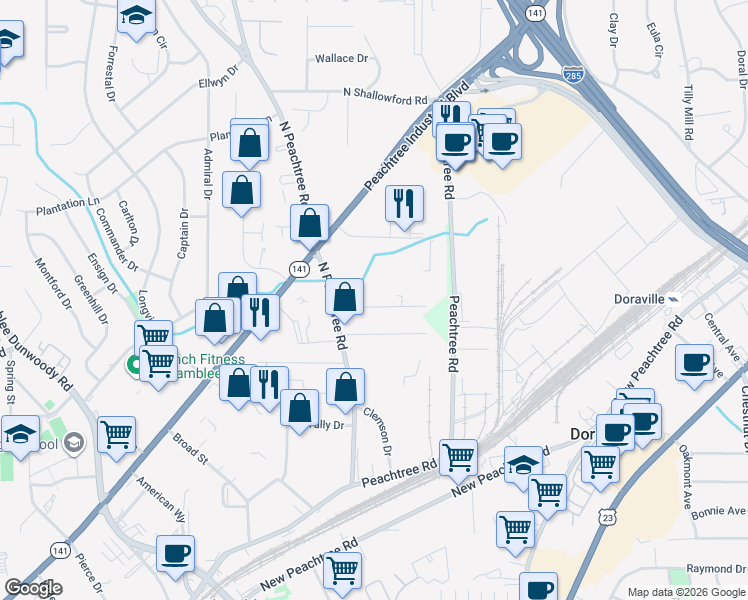 map of restaurants, bars, coffee shops, grocery stores, and more near 2316 Clyde Drive in Chamblee