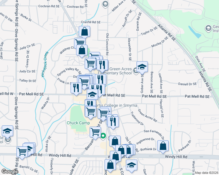 map of restaurants, bars, coffee shops, grocery stores, and more near 5004 Pat Mell Place Southeast in Smyrna