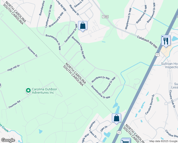 map of restaurants, bars, coffee shops, grocery stores, and more near 243 Berryknoll Drive Northwest in Calabash