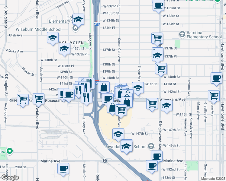 map of restaurants, bars, coffee shops, grocery stores, and more near 5125 West 142nd Street in Hawthorne