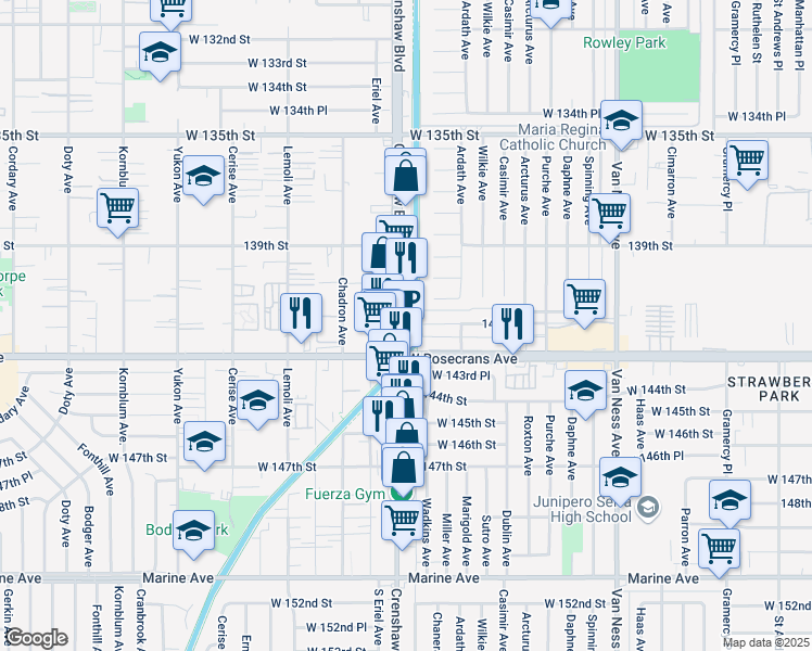 map of restaurants, bars, coffee shops, grocery stores, and more near 14160 Crenshaw Boulevard in Gardena