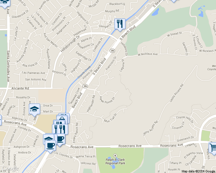 map of restaurants, bars, coffee shops, grocery stores, and more near 14062 Santa Barbara Street in La Mirada