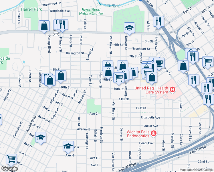 map of restaurants, bars, coffee shops, grocery stores, and more near 2004 10th Street in Wichita Falls