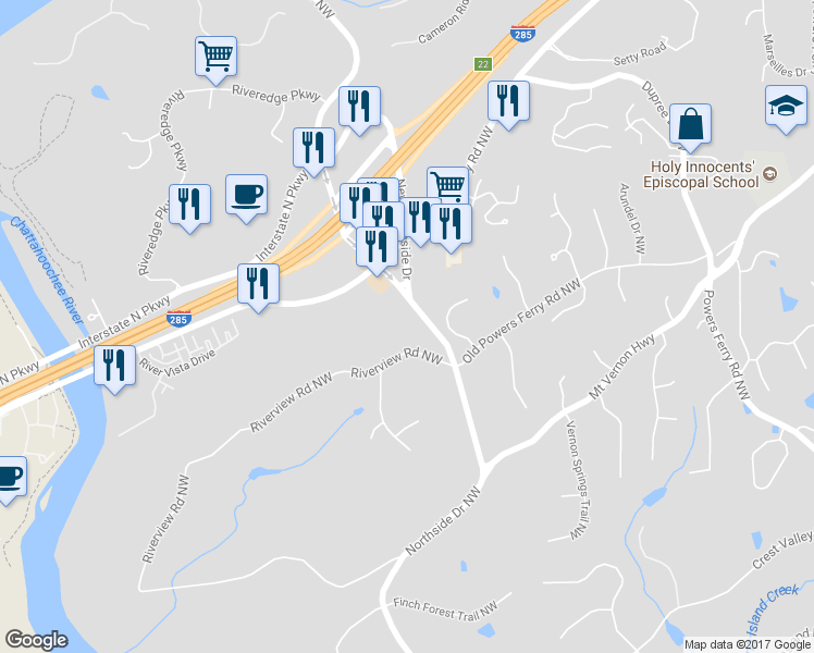 map of restaurants, bars, coffee shops, grocery stores, and more near 5320 Riverview Road Northwest in Atlanta
