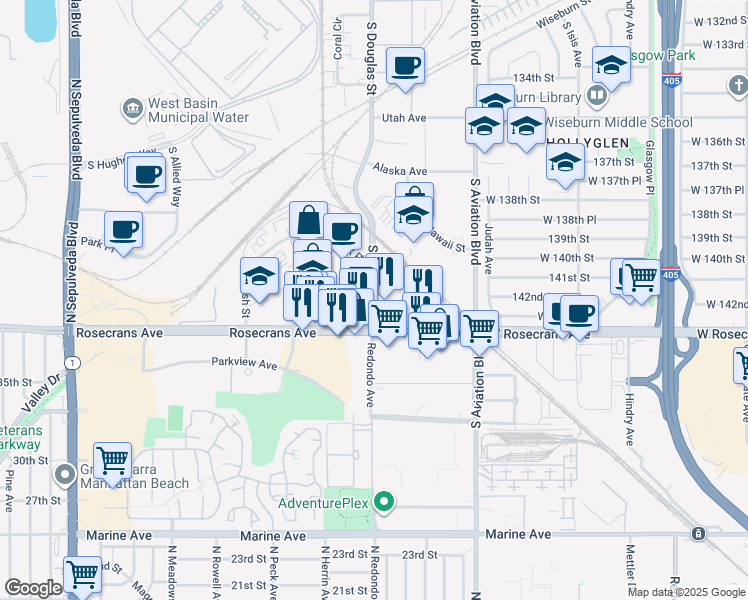 map of restaurants, bars, coffee shops, grocery stores, and more near 1400 South Douglas Street in El Segundo