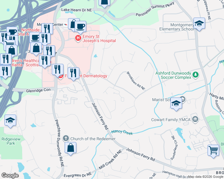 map of restaurants, bars, coffee shops, grocery stores, and more near 1073 Westbrooke Way Northeast in Atlanta