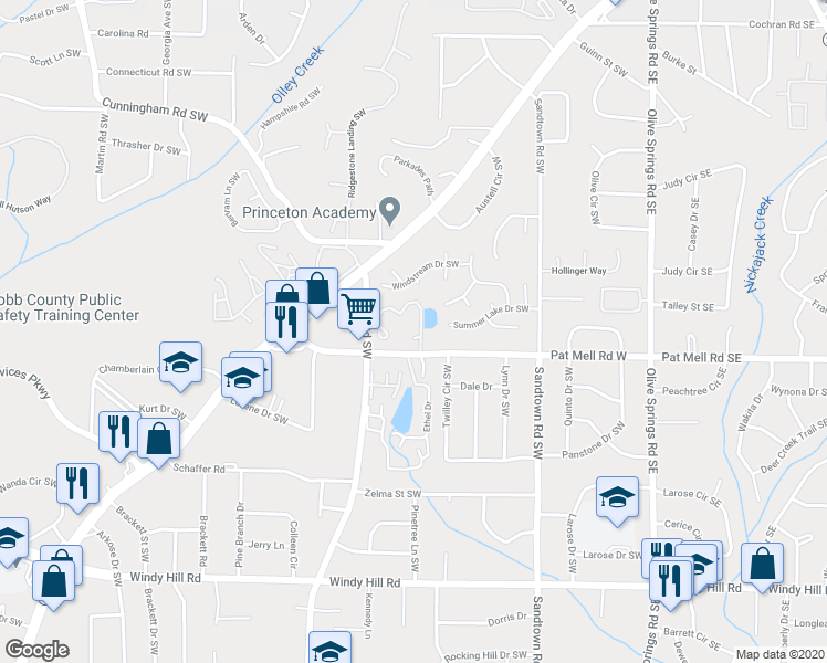 map of restaurants, bars, coffee shops, grocery stores, and more near 12 Ethel Drive Southwest in Marietta