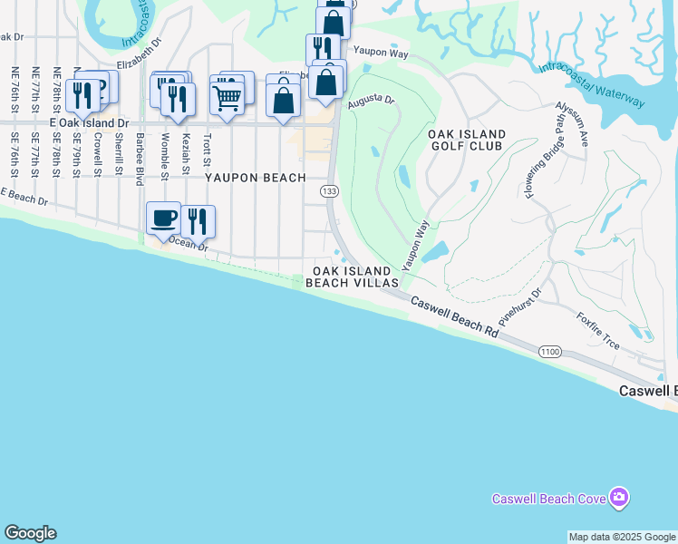 map of restaurants, bars, coffee shops, grocery stores, and more near 1000 Caswell Beach Road in Oak Island
