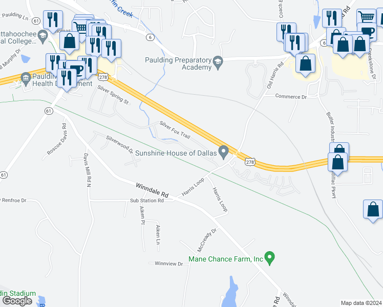 map of restaurants, bars, coffee shops, grocery stores, and more near 225 Silver Ridge Drive in Dallas