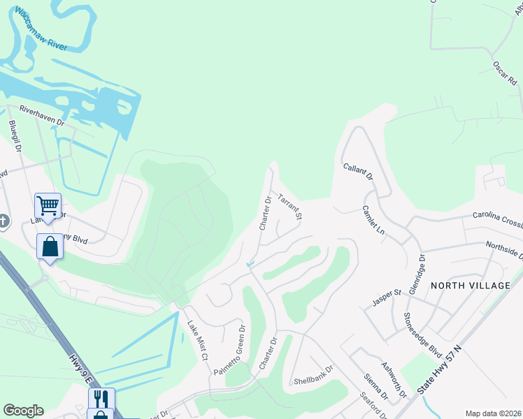 map of restaurants, bars, coffee shops, grocery stores, and more near 629 Charter Drive in Longs
