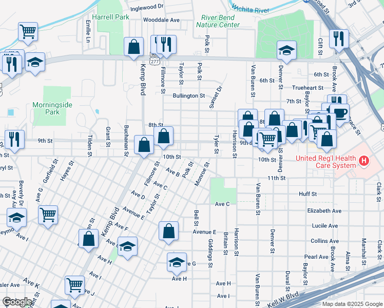 map of restaurants, bars, coffee shops, grocery stores, and more near 2304 10th Street in Wichita Falls