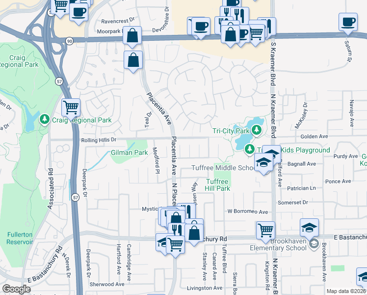 map of restaurants, bars, coffee shops, grocery stores, and more near 2220 Montgomery Circle in Placentia