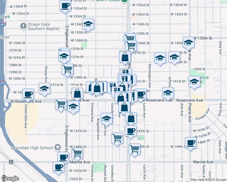 map of restaurants, bars, coffee shops, grocery stores, and more near 4485 West 142nd Street in Hawthorne