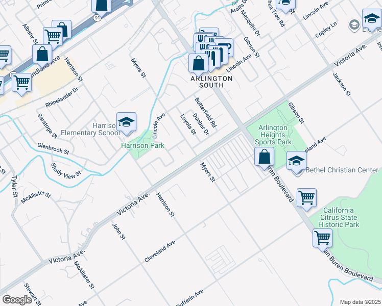 map of restaurants, bars, coffee shops, grocery stores, and more near 2710 Myers Street in Riverside