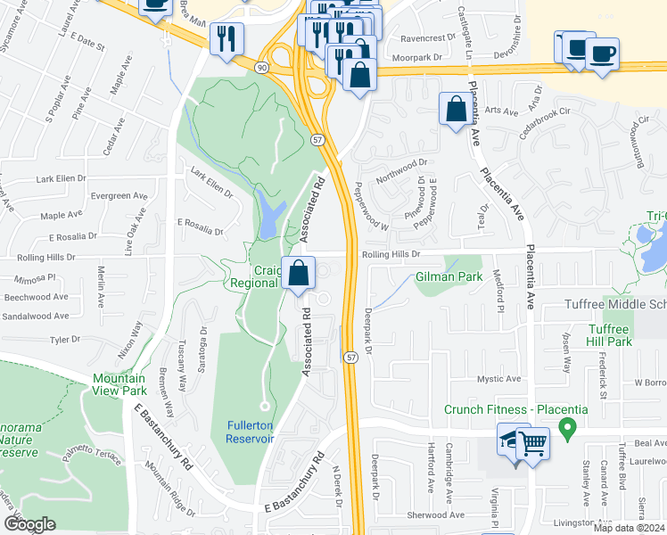 map of restaurants, bars, coffee shops, grocery stores, and more near 2782 Pine Creek Circle in Fullerton